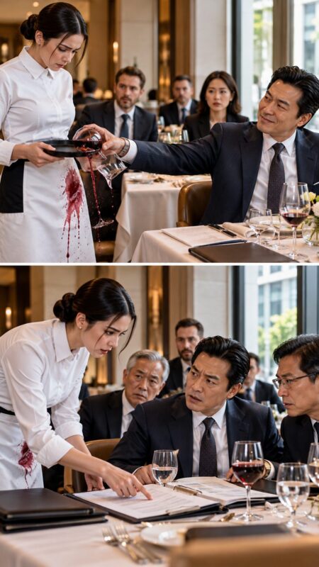 พนักงานเสิร์ฟสาวกำลังให้บริการโต๊ะของกลุ่มนักธุรกิจที่กำลังหารือเกี่ยวกับข้อตกลงมูลค่า 620 ล้านยูโร จู่ ๆ